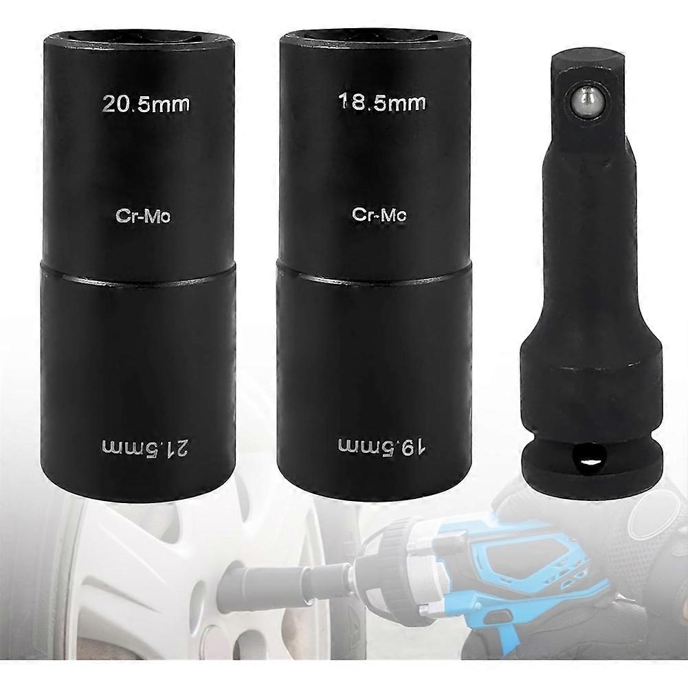 Set of 3 Double Head Impact Wrench Nuts Set 18.5/19.5/20.5/21.5 mm with 1/2 Inch Extension and Double Head Socket
