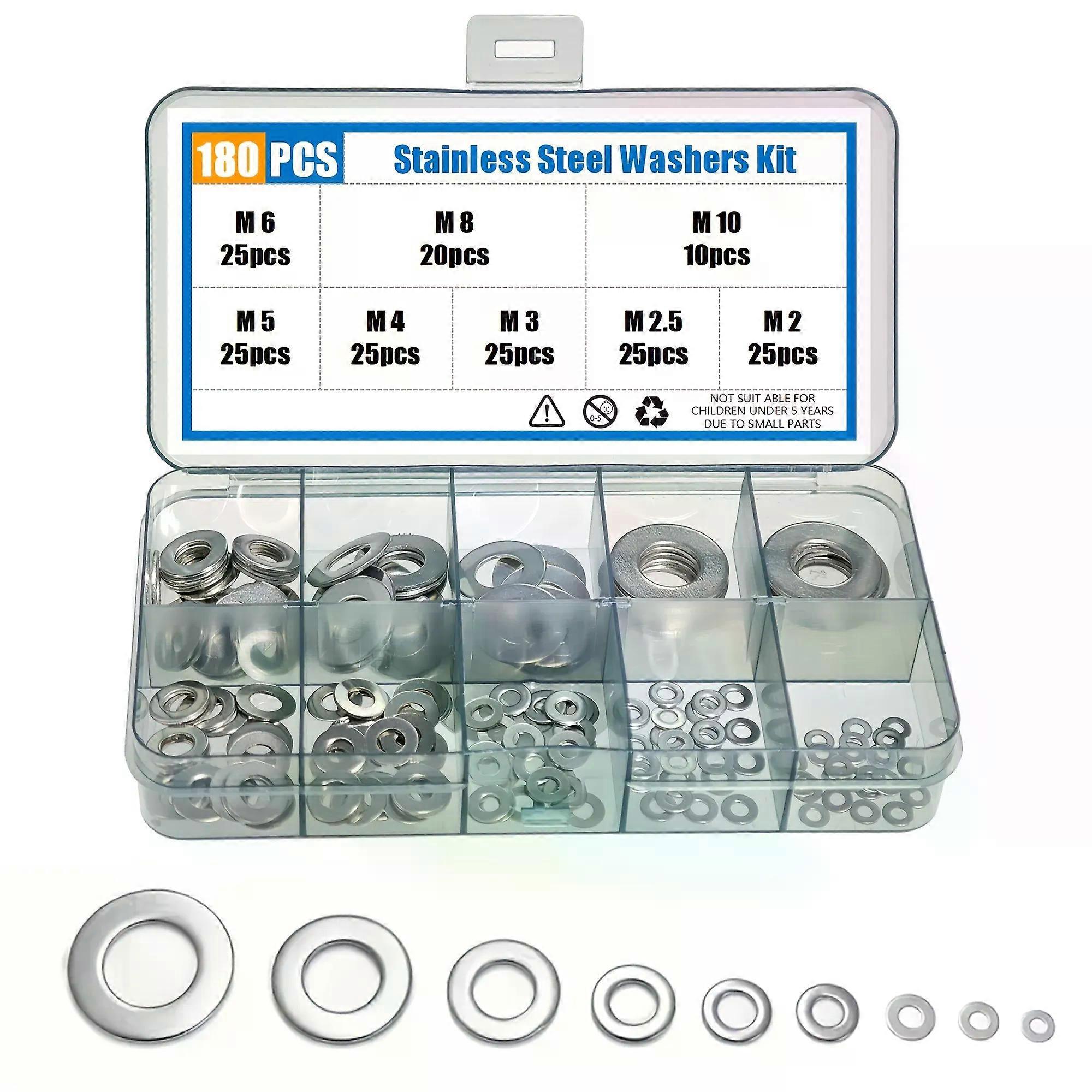 Stainless Steel 80-580pcs Assortment Set - Flat Washers Kit with Custom Storage Box - Multiple Sizes (M2-M10) for Screws Bolts,