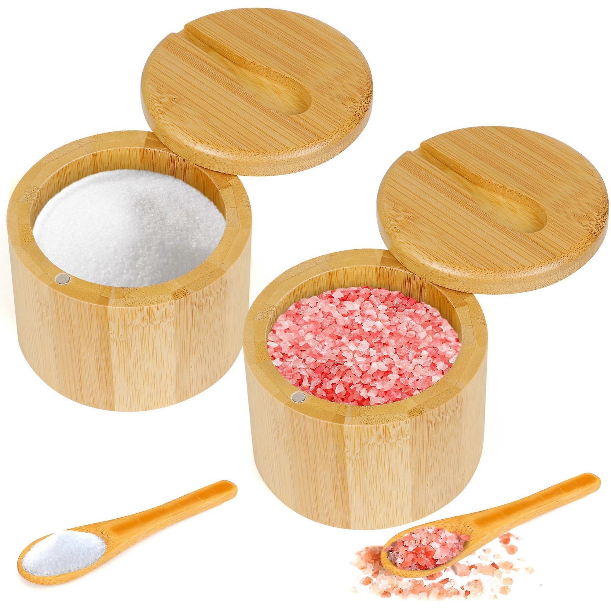 2Pcs Bamboo Salt Box with Magnetic Swivel Lid and Spoon, Compact Spice Container 6oz Capacity