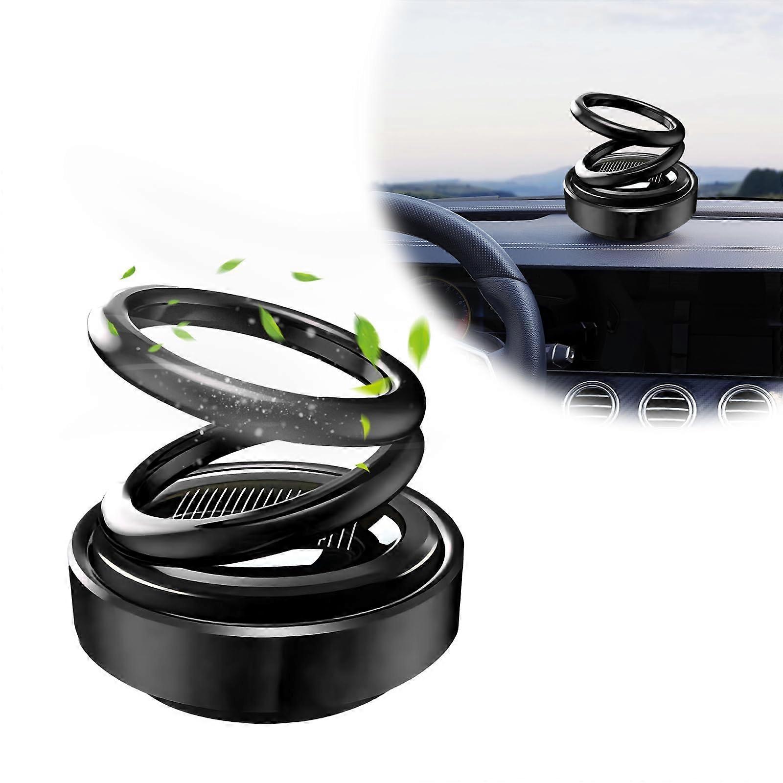 Solar Powered Rotating Car Air Freshener with Double Ring Diffuser, 360° Scent Dashboard Ornament Black