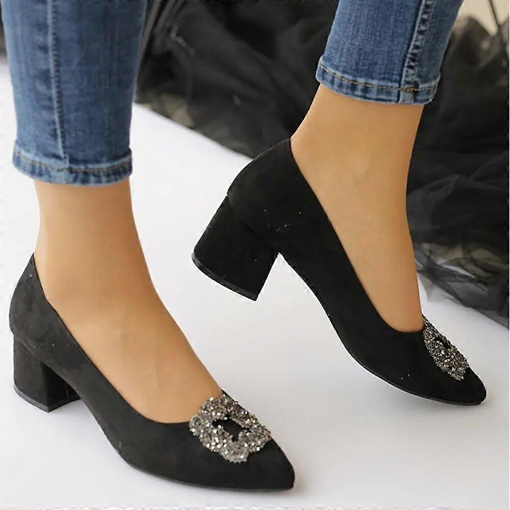 Black Low Heel Wedding Shoes with Rhinestone