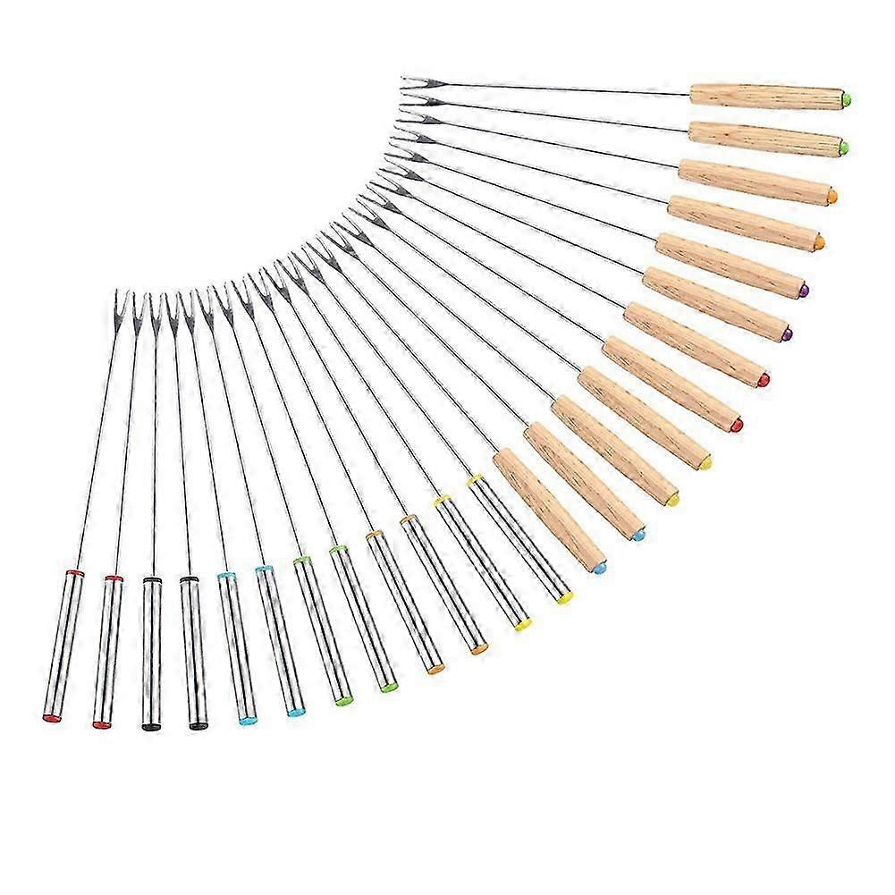 24 Pack Stainless Steel Fondue compatible forks, 12 Wood Handles and 12 Stainless Steel Handles, Heat Resistant Smores Sticks