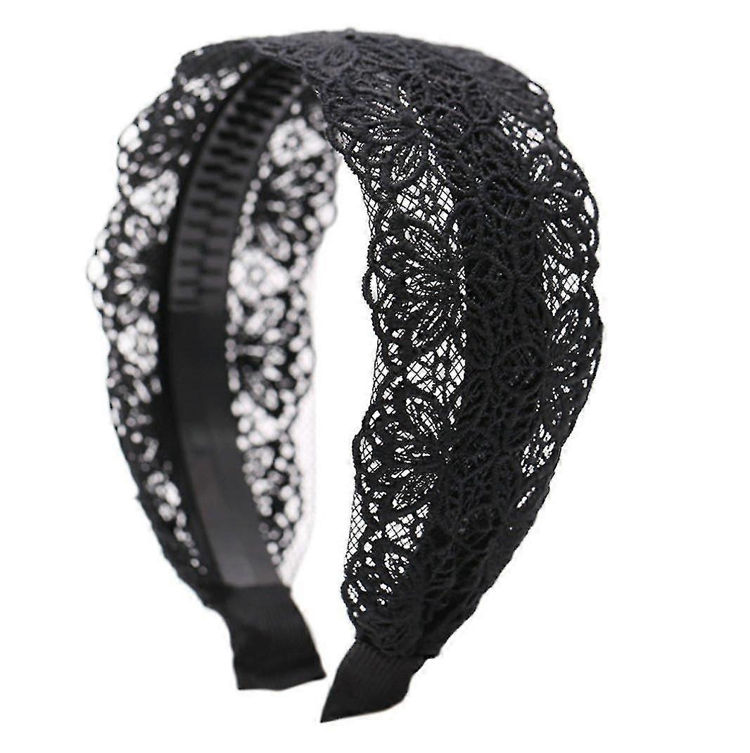 Moda 2 polegadas larga renda headband faixa de cabelo com dentes para mulheres e meninas (preto)
