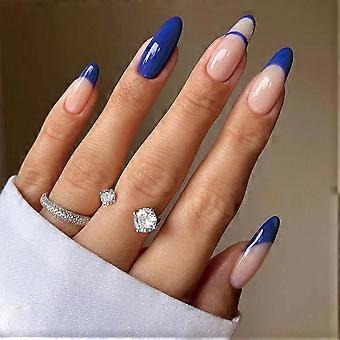 24 Stück glänzende künstliche Fingernägel, schlichtes blaues French-Design für Frauen und Mädchen