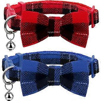 Set van twee geruite kattenhalsbandjes met belletjes en afneembare strikjes. Verstelbare maat, geschikt voor katten en kittens.