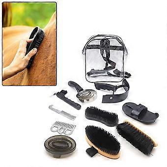 Kit de Higiene equina com 10 peças, incluindo escovas, pentes e ferramentas de limpeza para estábulos, ideal para banho e treinamento de cavalos.