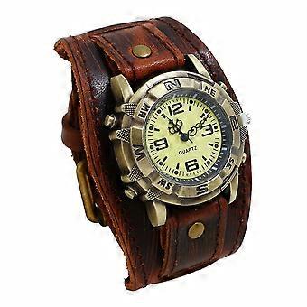 Vintage Steampunk Watch, Wide Leather Strap Analog Quartz Biker Style, Round Case for Men and Women, Holiday Gift