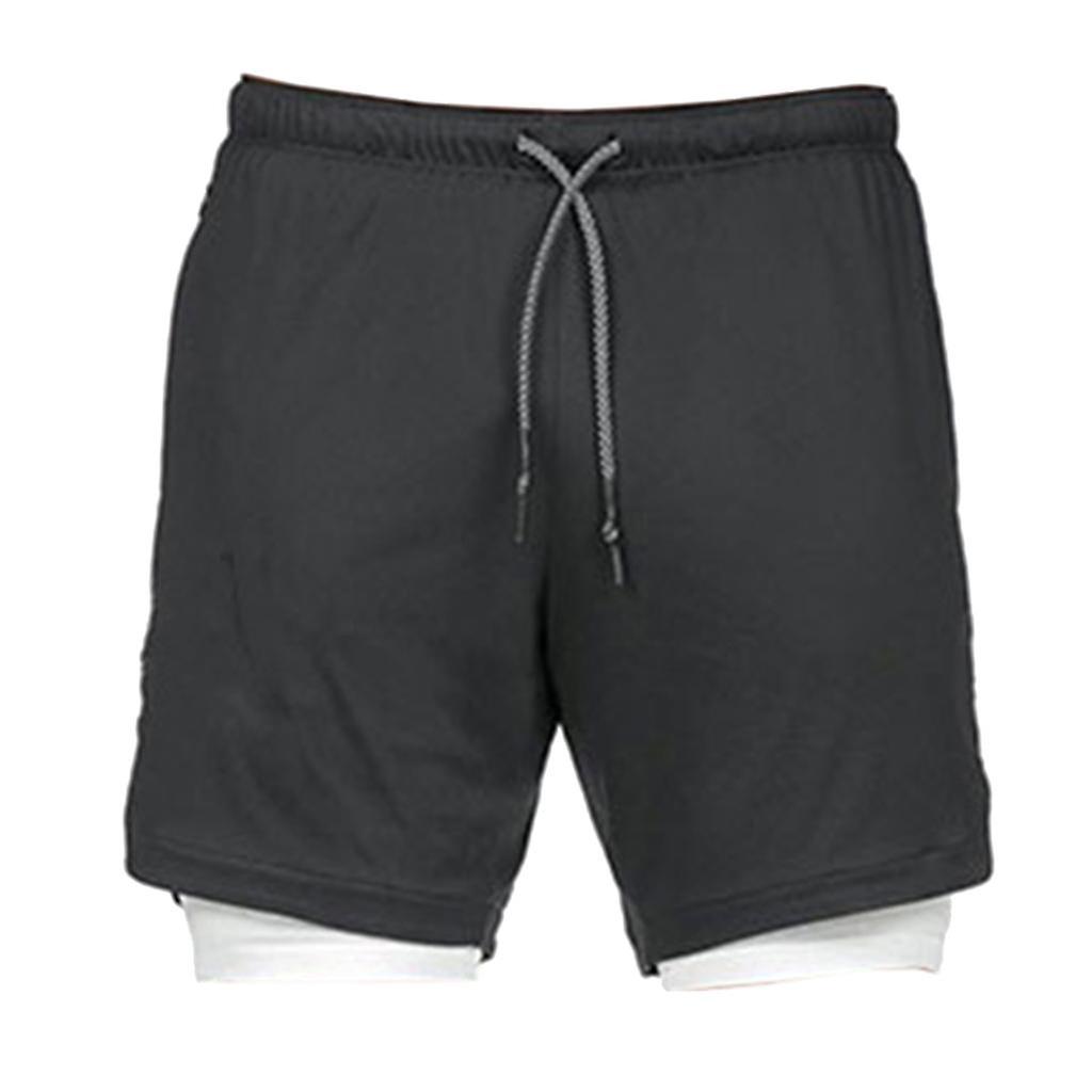 Men 2 in 1 Running Shorts Built In Base Layer Pants Pocket Black L