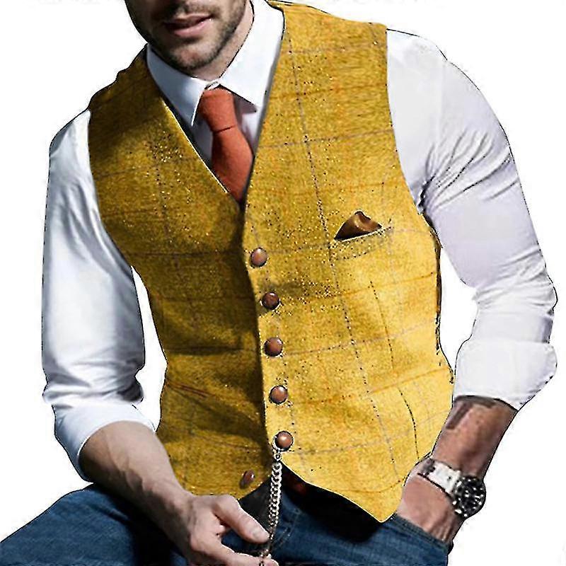 Erkek Takım Elbise Yelek Çentikli Ekose Yün Herringbone Tüvit Yelek Casual F