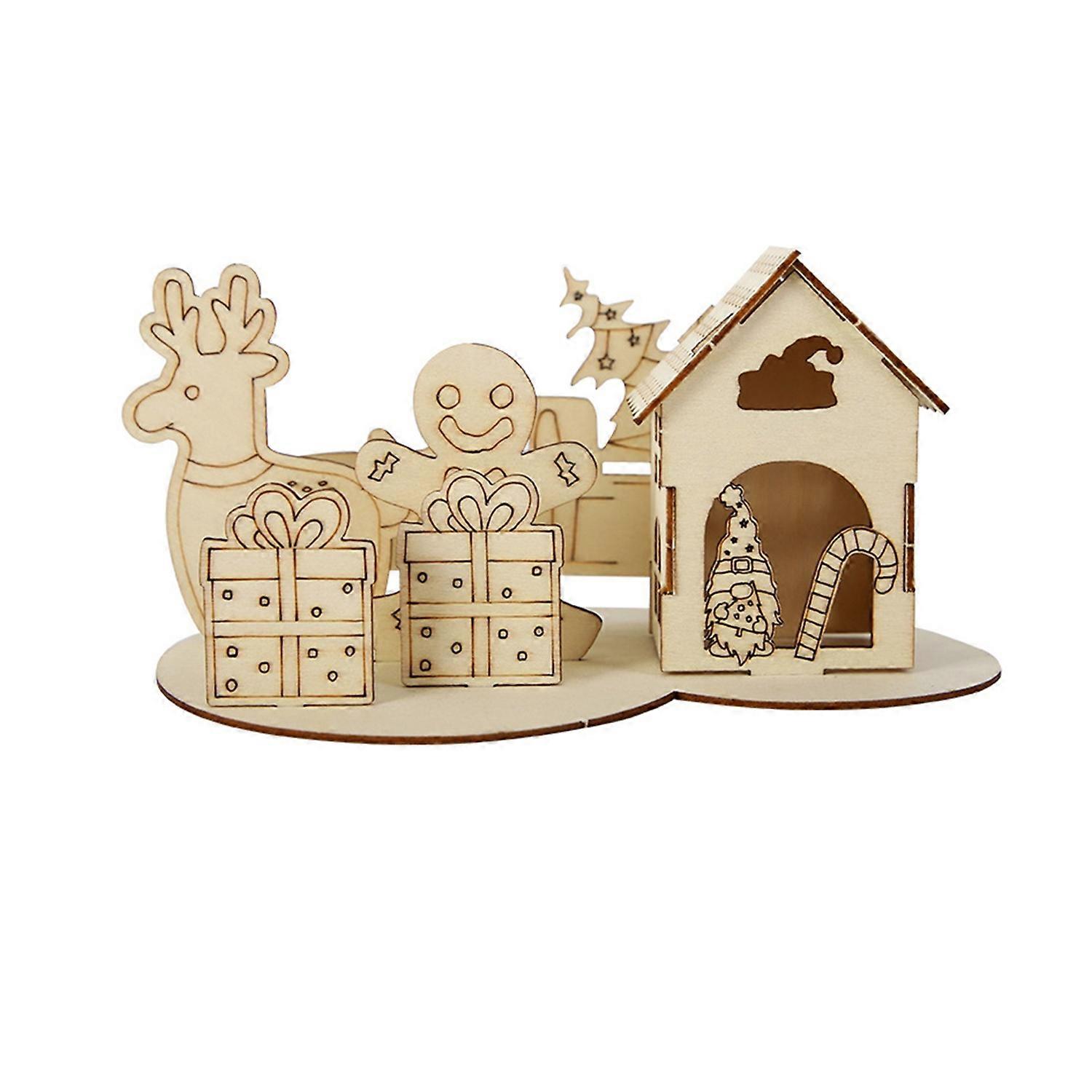 Wooden House Puzzle Block Christmas Building Block Ornament Kit Xmas Desktop Decoration Educational