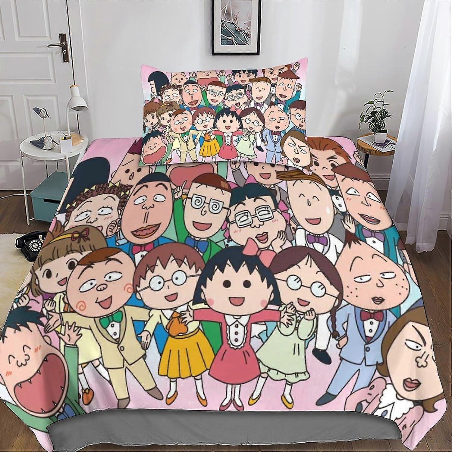 Chibi Maruko-Chan 3D Bedding Set, 2 Pcs Bedding Set Microfiber Duvet Cover & Pillowcases with Zipper Closure for Single or Double Bed Single
