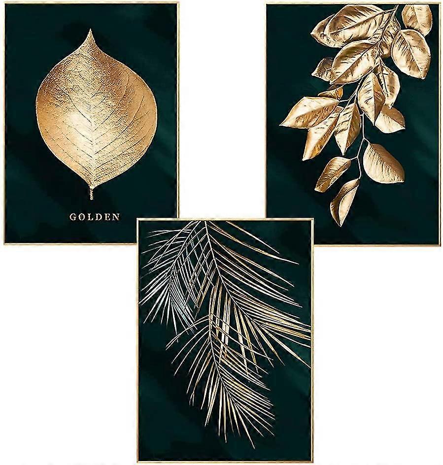 مجموعة من 3 ملصقات حائط تصميم غابة جولد ليف بالم تري فرملس جدار الفن ديكور لغرفة المعيشة