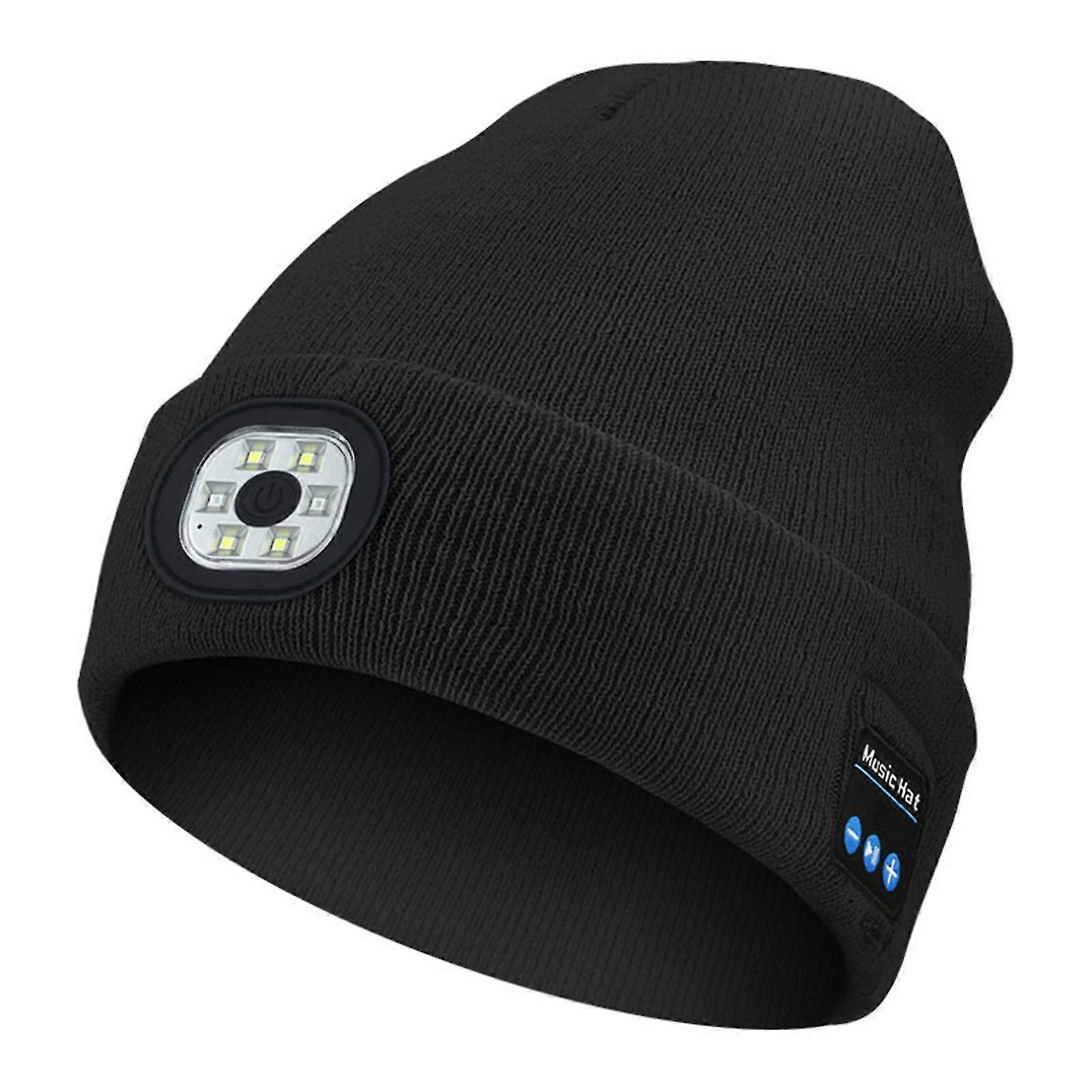 Berretto Bluetooth Con Luce, Unisex Usb Ricaricabile 6 Led Cappello Lampada Frontale Con Cuffie Senza Fili Nero Free Size