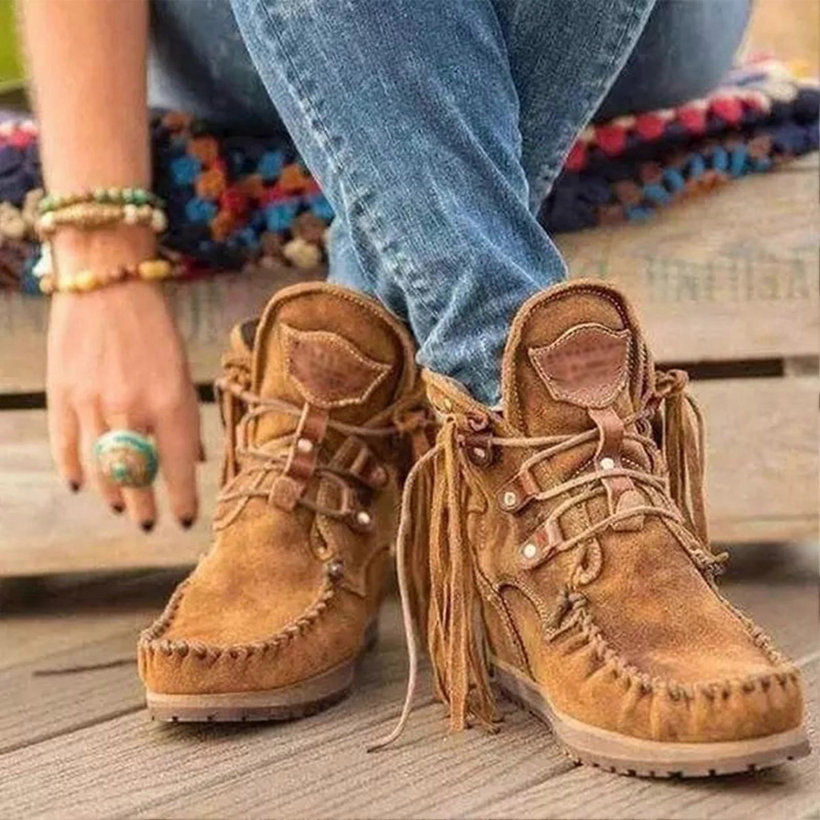 Kadın Kalın Taban Ayak Bileği Botları Kış Büyük Boy Ayak Bileği Botları Kadınlar için Püsküller Frenal Ayak Bileği Botları Kadın Kare Ayak Bileği