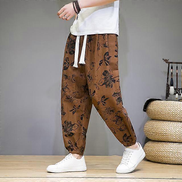 Kinesisk stil Man Byxor Vår Sommar Tunna Andningsbara Bomull Linnebyxor Män Harem Byxor Tryckta Casual Byxor Lösa byxor Män