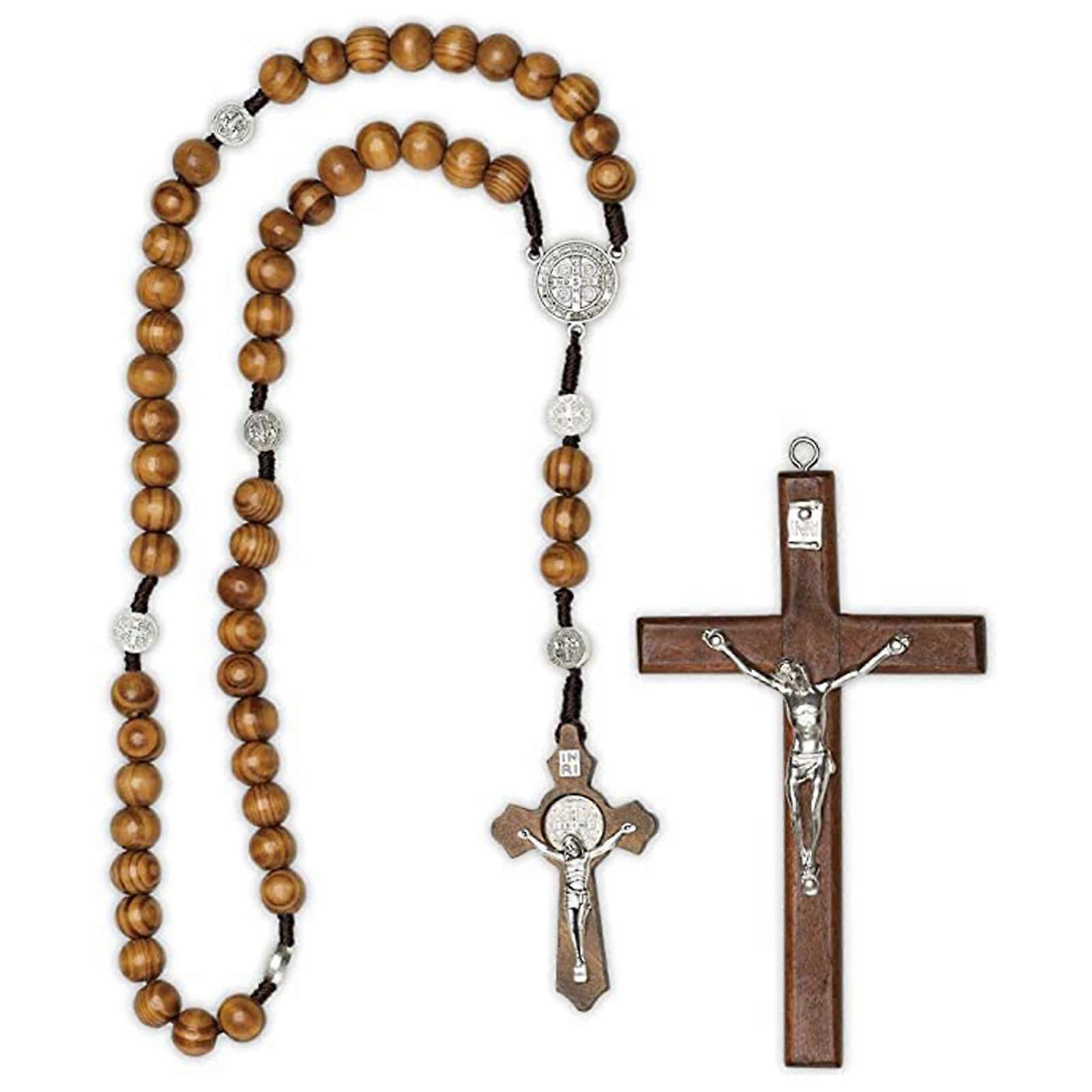 Wooden Rosary Beads Catholic Cross Necklace with Jesus Cross
