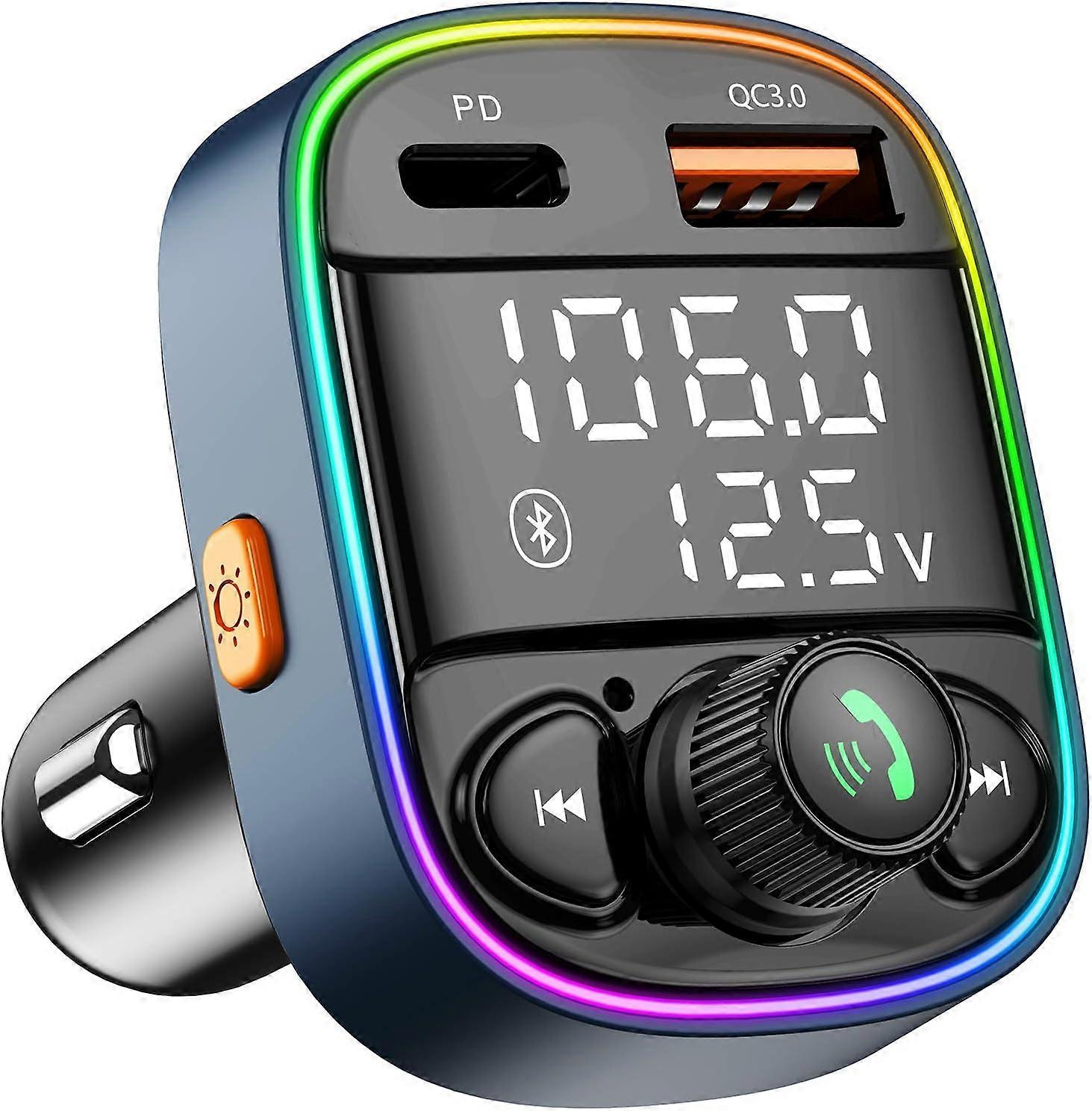 Bluetooth FM Transmitter for Car,Radio AUX Adapter with Dual Screen Display&7 Color Backlit, Music Player Kit with Handsfree Calling, QC3.0 & PD Port