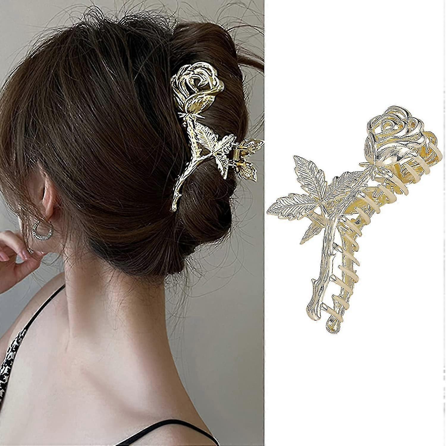 Flower Claw Clip Cute Metal Rose Hair Clips Large Non-slip Headdress Silver Rose Hair Claw Clip Thick Long Hair Jaw Clips Hair Accessories For Women A