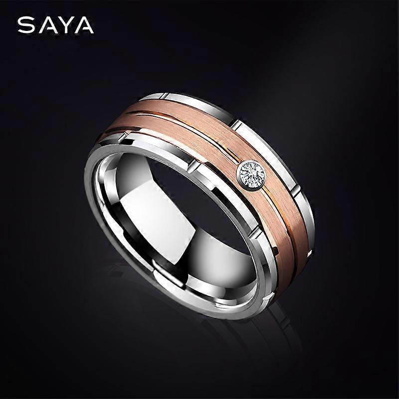 Tungsten Wedding Rings for Men Women Rose-Gold Plating Brushed Finishing with Cubic Zirconia Stone, Customized, Free Shipping