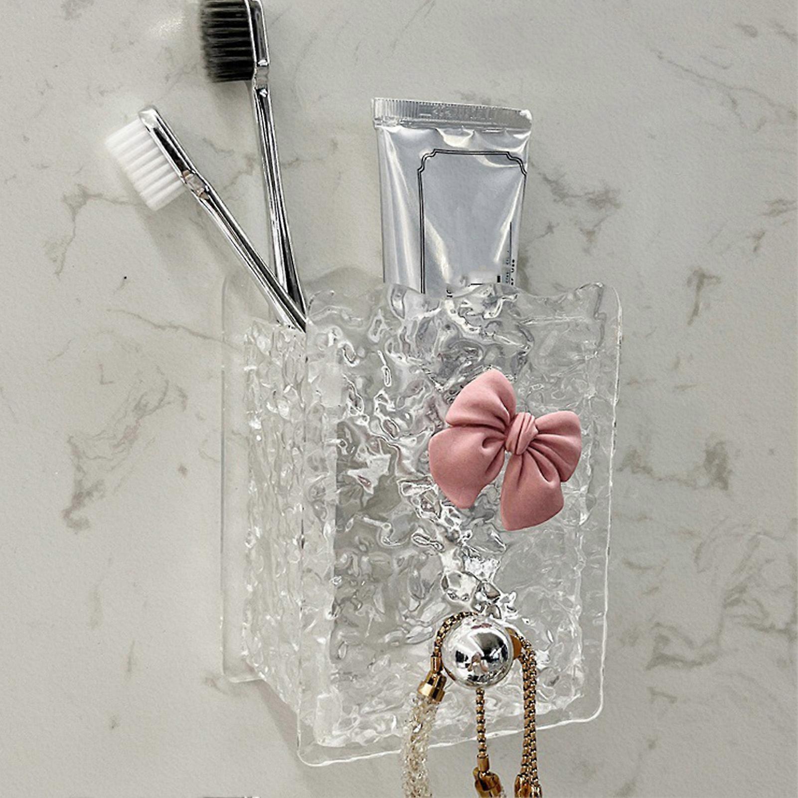 Bathroom Toothpaste Toothbrush Holder Wall Mount Plastic Organizer Clear Minimalist Design