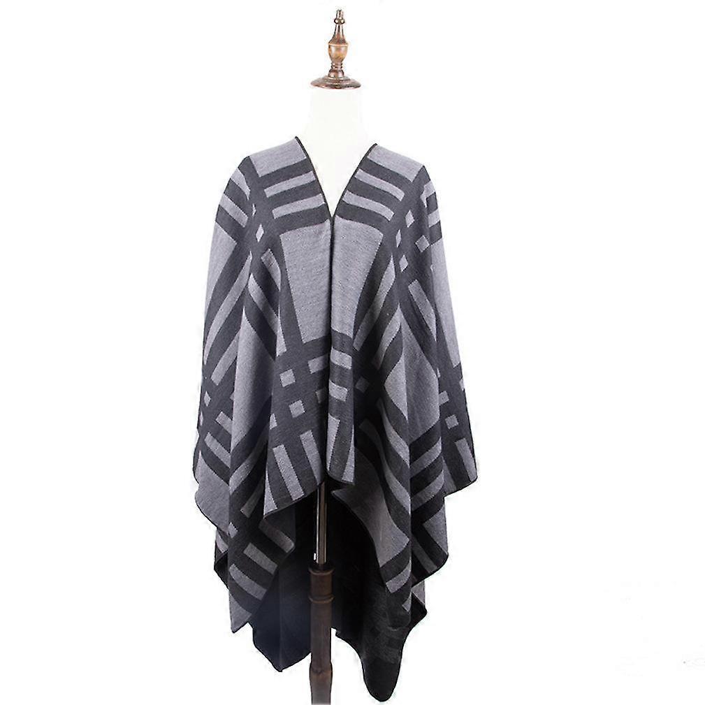 Plaid Shawl Scarf Open Front Poncho Winter Cardigant with Tassel for Lady