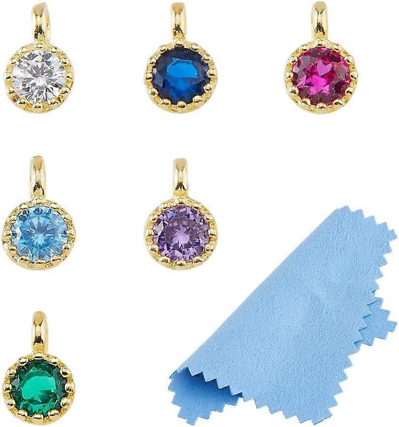 6Pcs 6 Colors 925 Sterling Silver Cubic Zirconia Charms Round Golden with 1Pc Suede Fabric Square Silver Polishing Cloth Mixed Color 5.5~78.5x3.5~78.5
