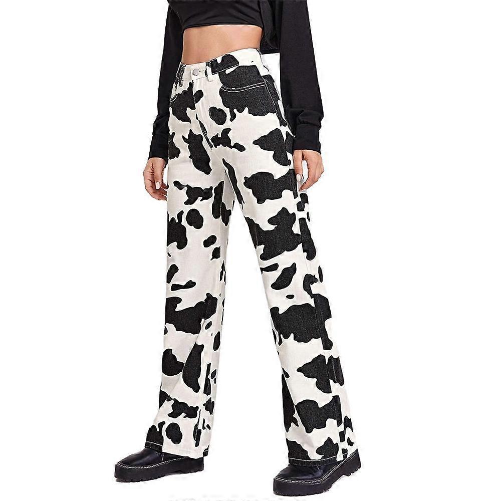 בגדי ריקוד נשים פרה דפוס מכנסי ג'ינס בוהו מכנסיים רחבים רגליים