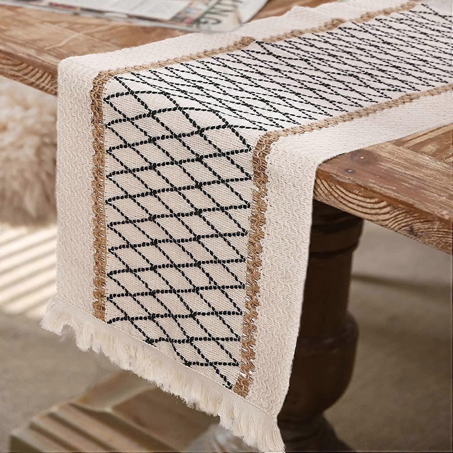 Table Runner,Cream Beige Table Runner With Tassels,Hand Woven Cotton And Burlap Splicing Table Runner,Rustic Farmhouse Table Runner For Bohemian,Kitch