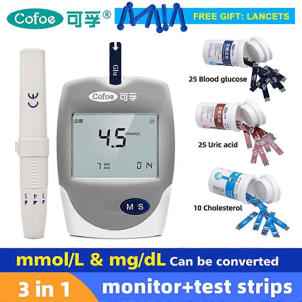 Cofoe 3 σε 1 χοληστερόλη ουρικό οξύ Γλυκόζη αίματος οικιακός μετρητής Υγειονομική περίθαλψη με οθόνη ταινιών μέτρησης Ακριβής για διαβήτη De