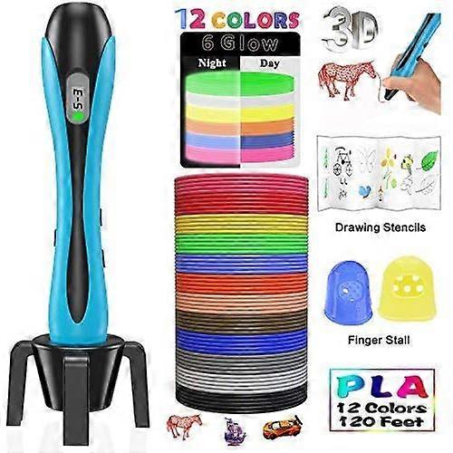 3D Printing Pen with LCD Screen + 12 Multicolor PLA Filaments for Kids and Adults - Blue