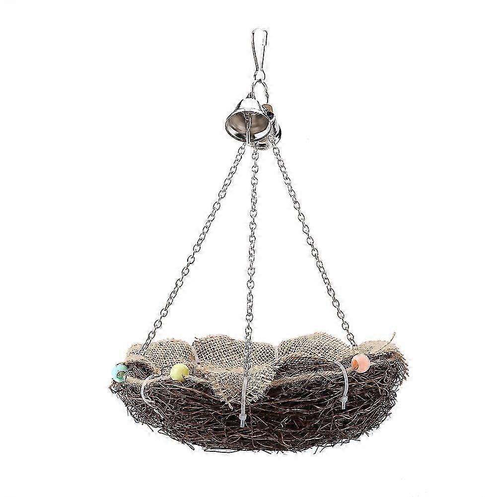 Rattan Birds Straw Nest Swing Hanging Toy with Three Chain Bells Toys