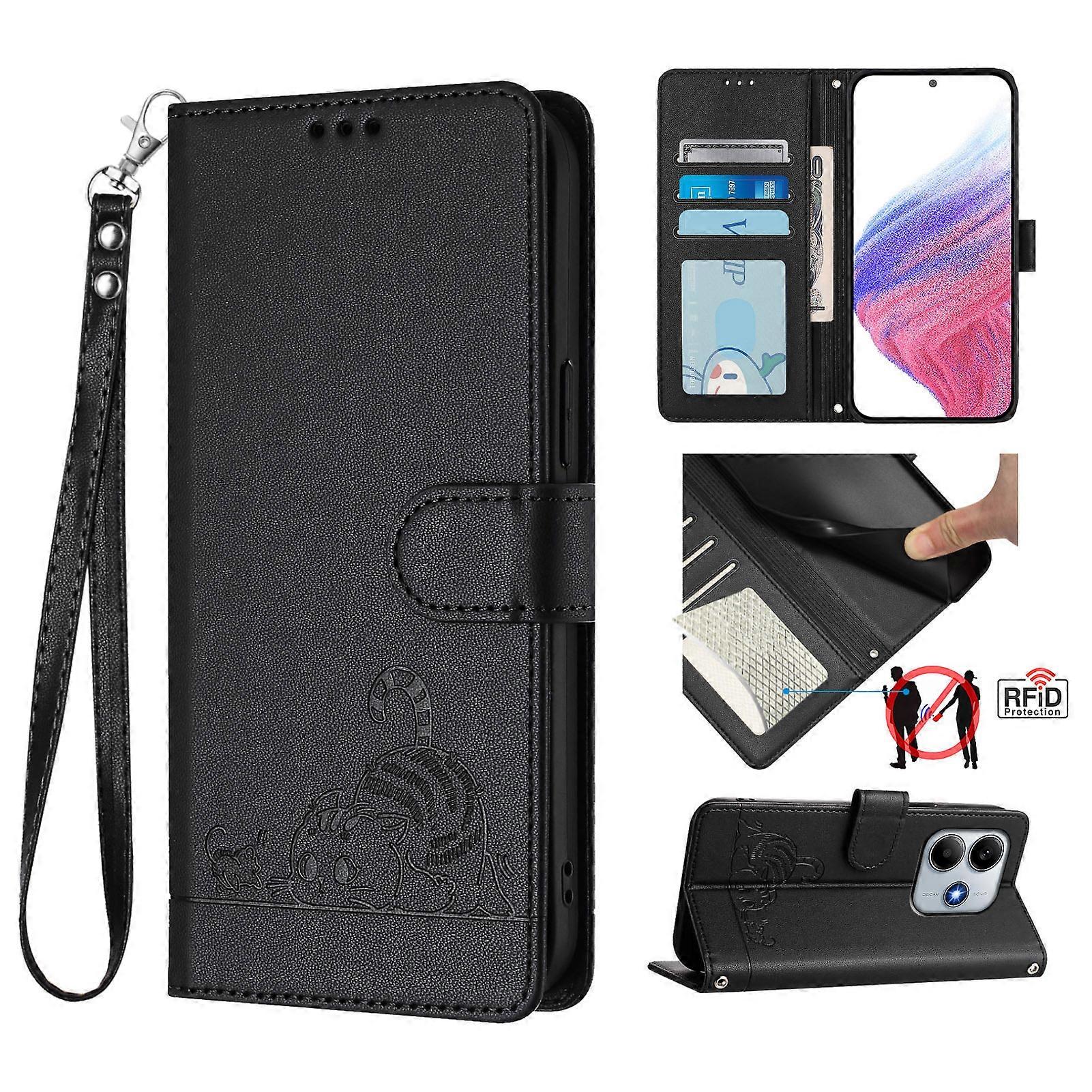 For Xiaomi Redmi Note 14 5G Case with Strap RFID Blocking Leather Wallet Phone Cover Cat Mouse Pattern
