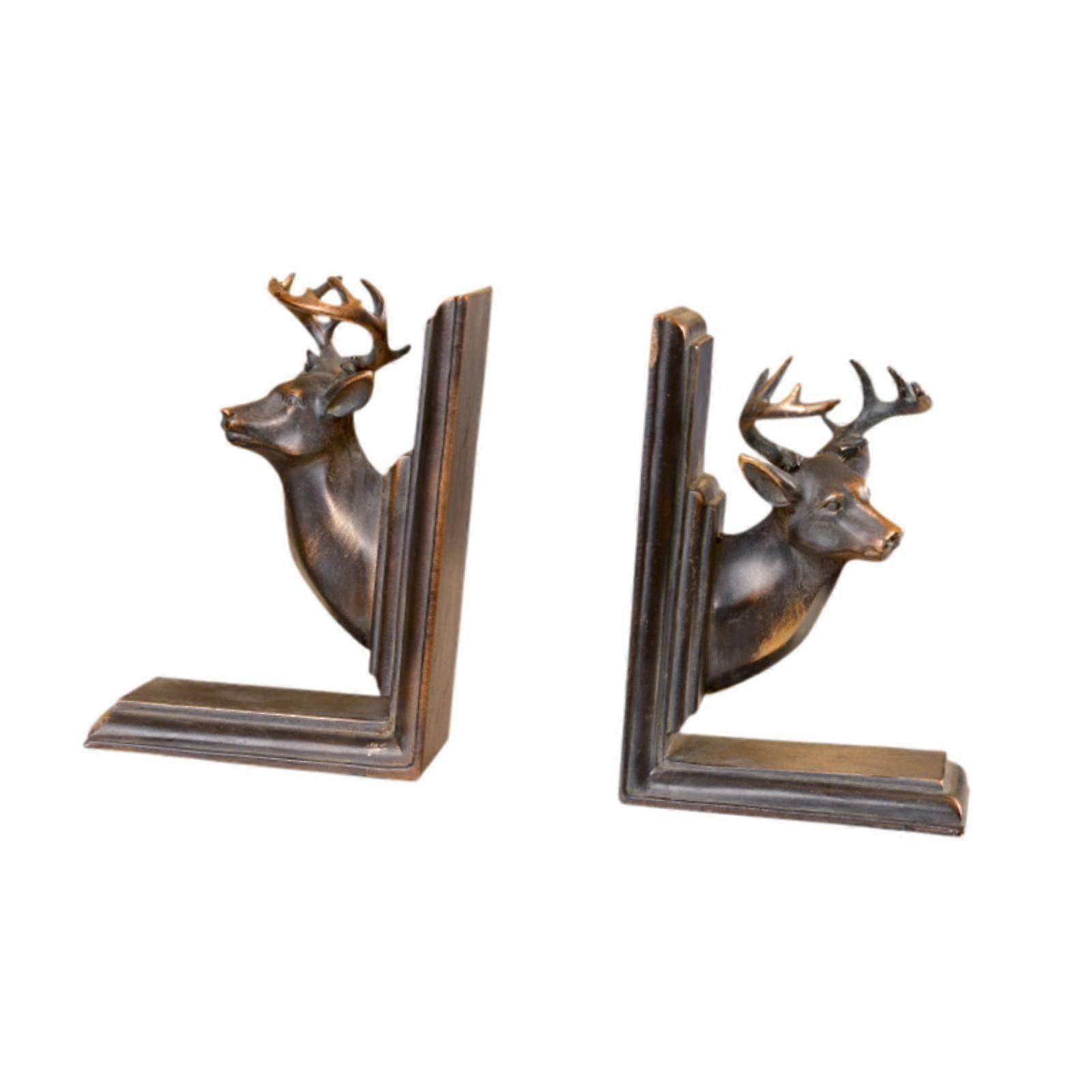 2個の鹿の頭の彫像ブックエンドリビングルームの本棚ダークブラウンのための動物の彫刻
