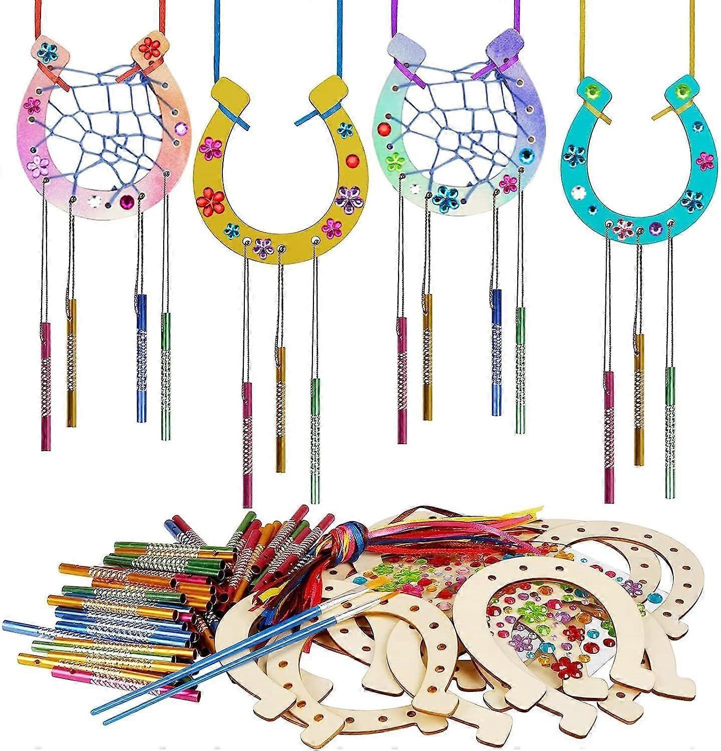 SBSG 16Pcs DIY Horseshoe Wooden Wind Chimes with Wind Chimes Tube Webbing Rope Brush Diamond Stickers Make Your Own Coloring Horseshoe Wind Chime Orna