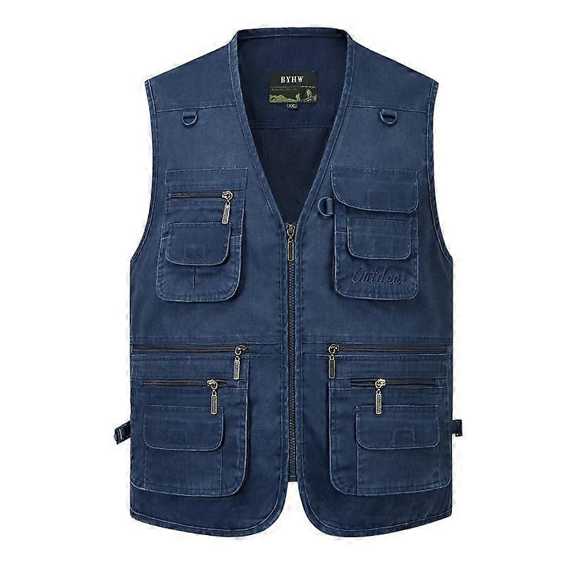 Men's Vest Casual Jacket Spring and Autumn Loose Style Cotton Multi-pocket Zipper Windproof Coat Collarless Sleeveless Jacket for Man