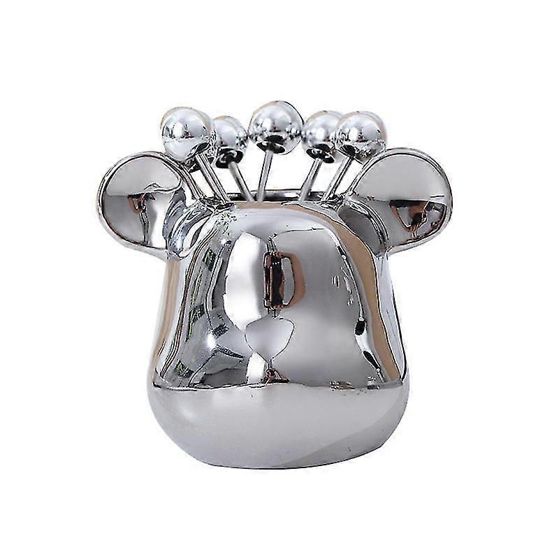 Bear Head Ceramic Fruit Fork Storage Jar with 6 Stainless Steel Forks