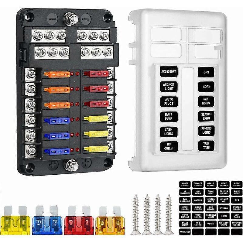 12 Way Fuse Box,12V Fuse Holder,ATO 32V 100A with 12 LED Indicator Lights Waterproof Protective Cover,Fuse Box with 24 Car Blade Fuse for Car Auto Mot