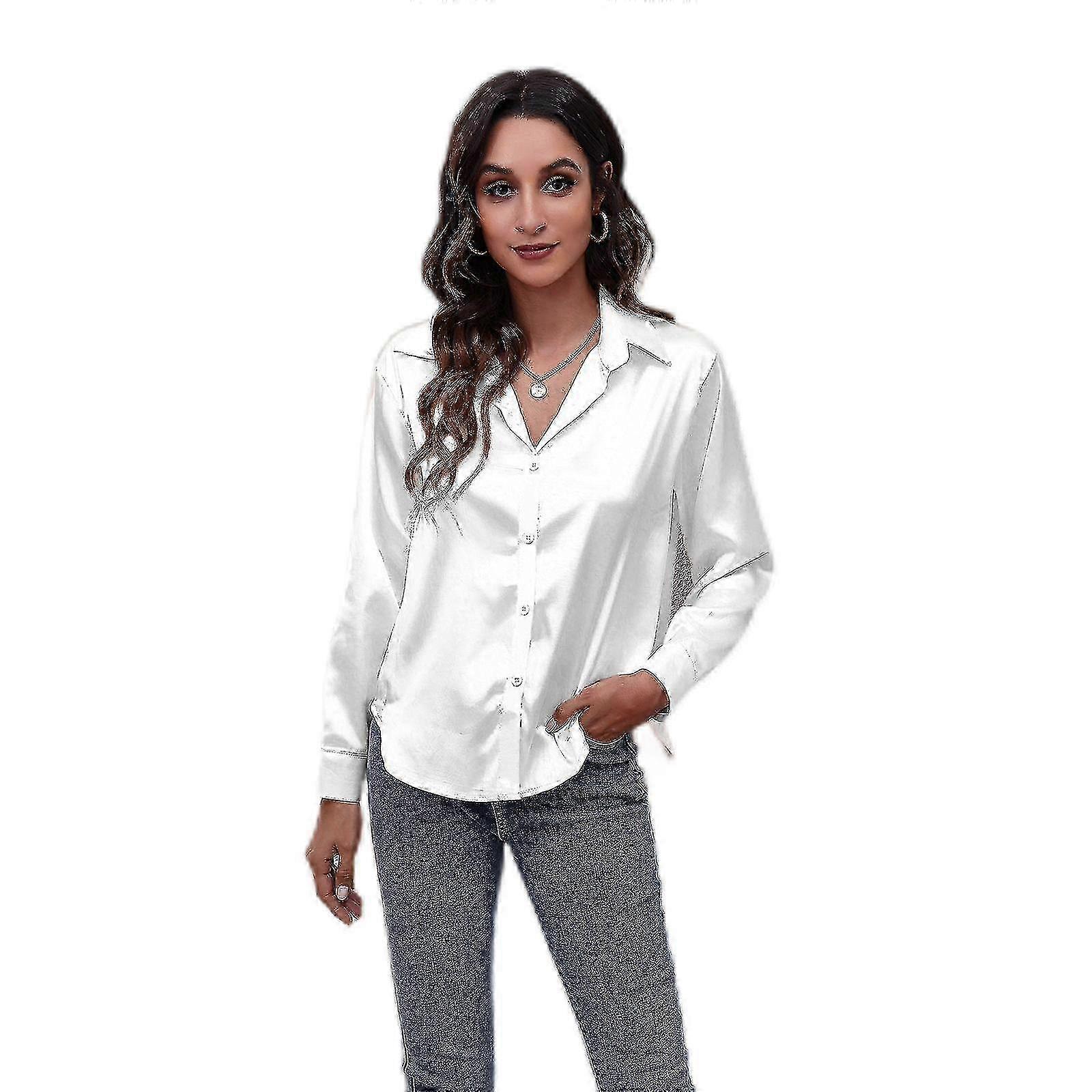 per camicetta button-down a maniche lunghe con scollo a V in raso di seta da donna - Top casual in tinta unita da ufficio