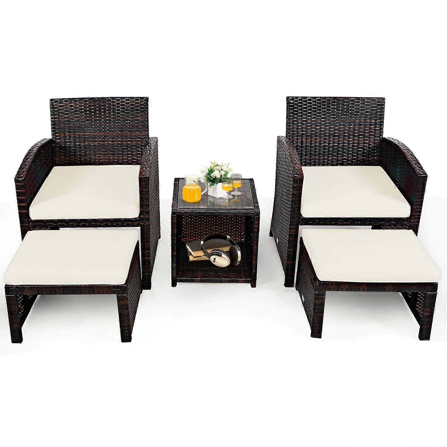 Set of 5 Rattan Set Furniture Balcony Set Garden Furniture Seating Set Brown + White