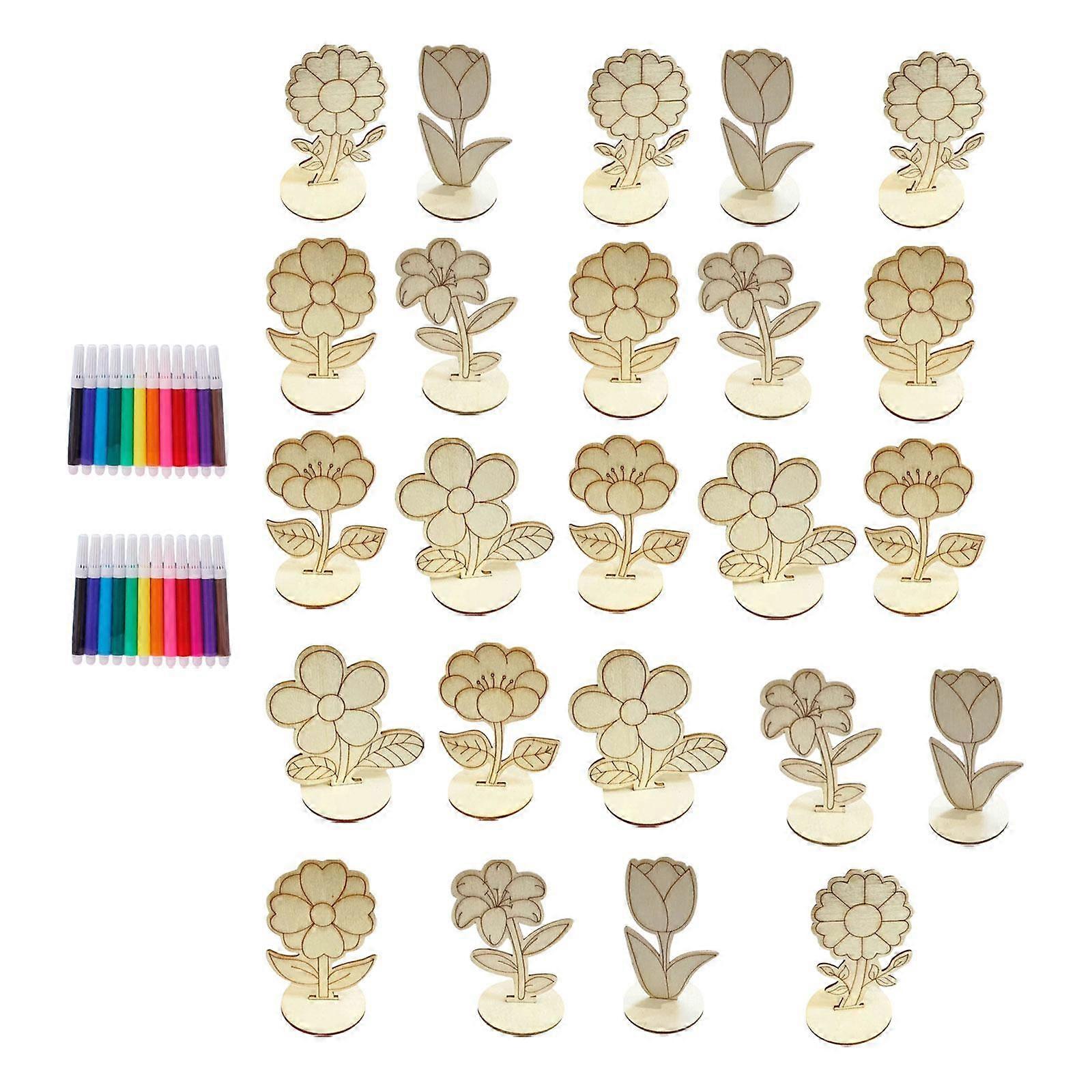24Pcs ξύλινα λουλούδια για το ημιτελές παιχνίδι πρώιμης εκπαίδευσης στολίδια χειροτεχνίας