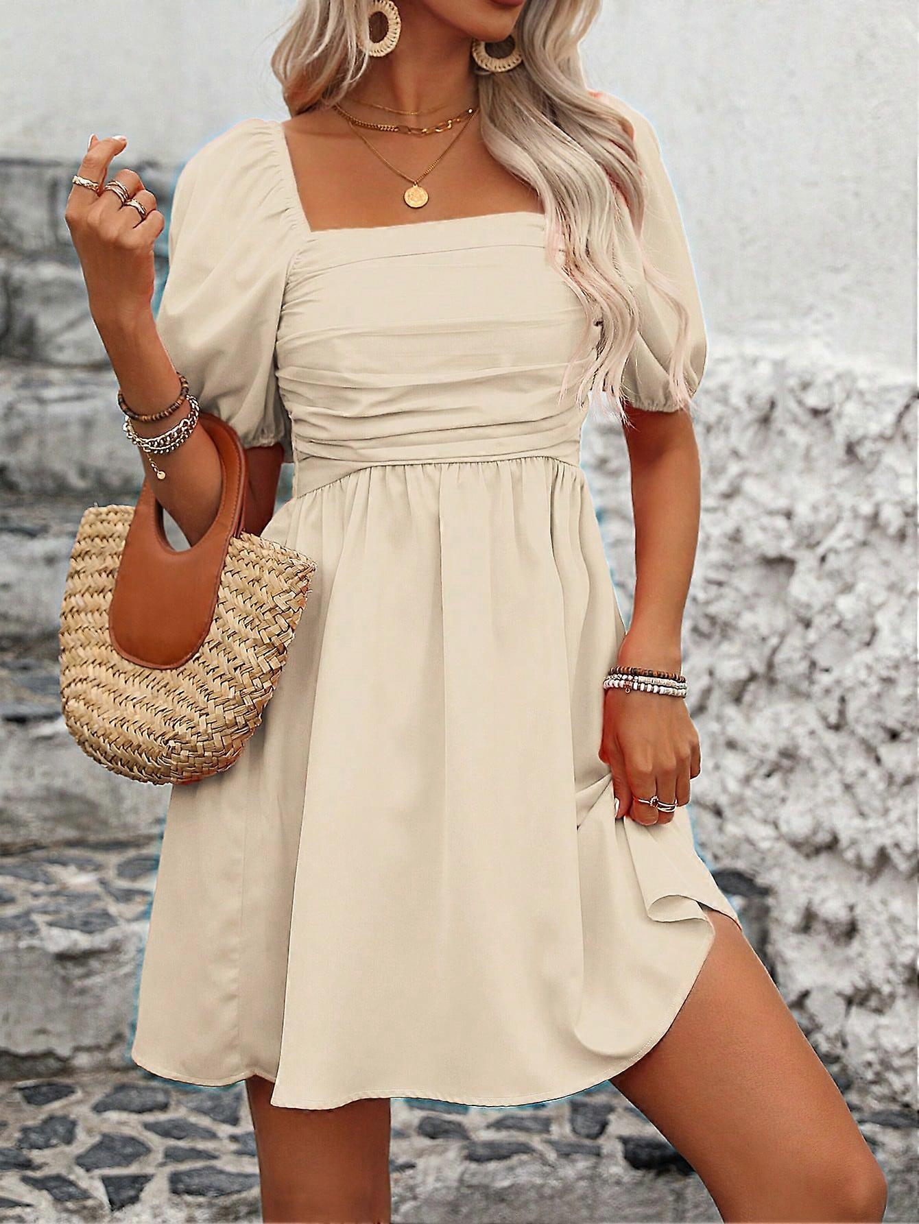 Women's Square Neck Solid Color Summer Casual Short Sleeve Dress Vacation Beach Outfit