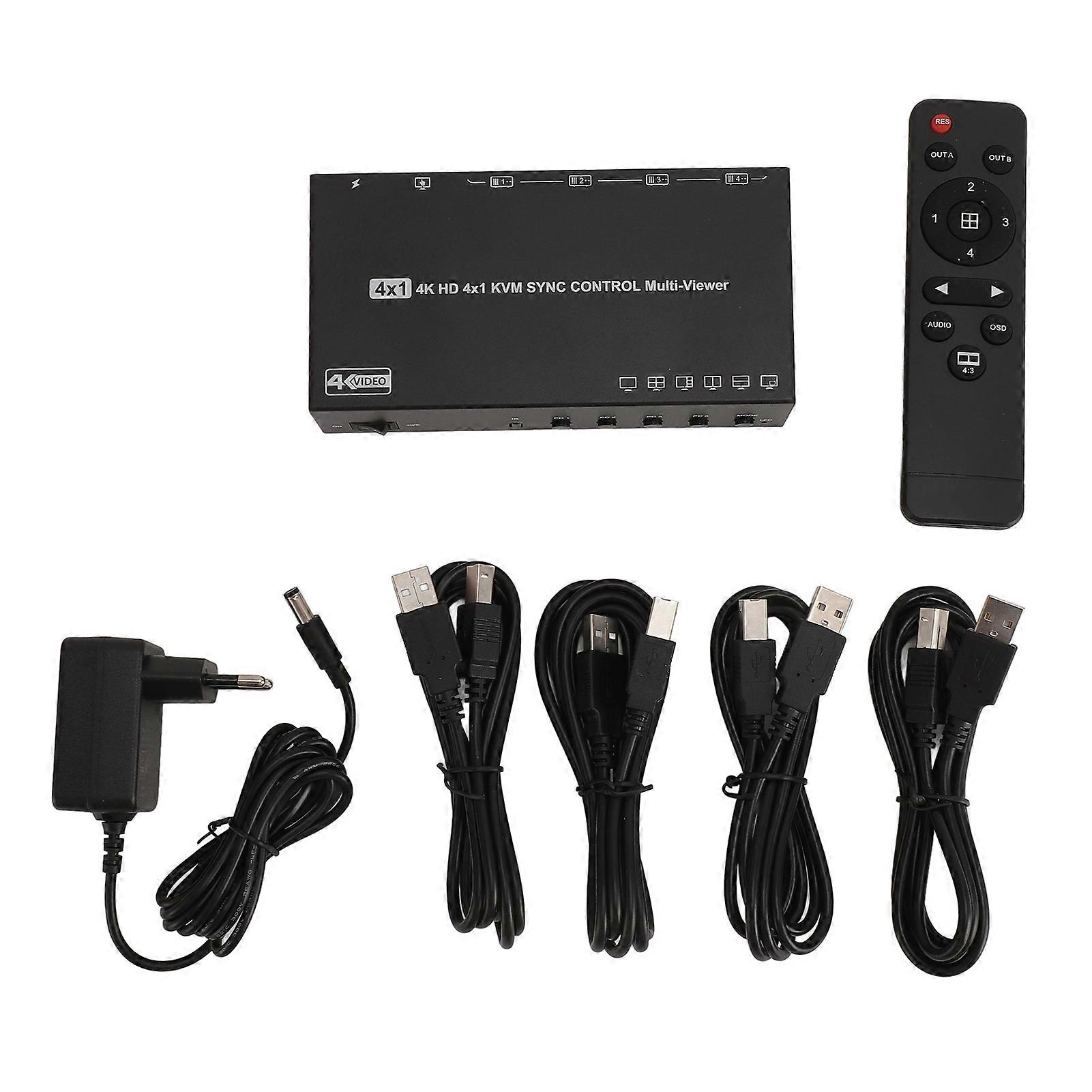 4K 30Hz HD Switcher KVM 4x1 6 Modes Remote Control 1 in 4 Out HD Multimedia Interface Quad Seamless Multi Viewer 100‑240V