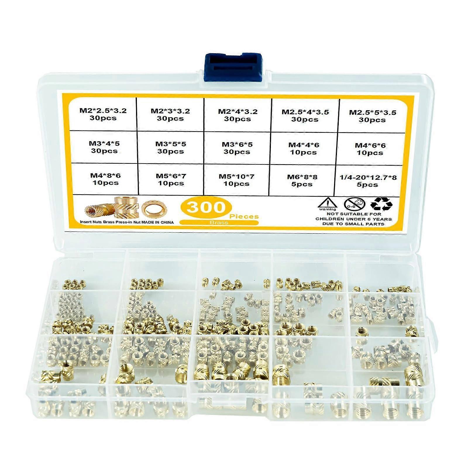 300 Pcs Metric Threaded Inserts 2/2.5/3/4/5/6mm Knurled Female Thread Inserts Brass Embedding