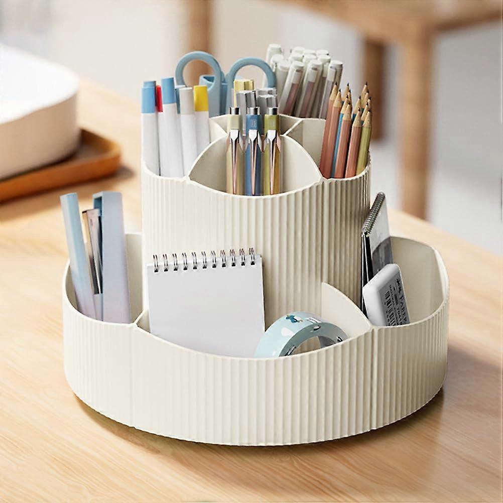 360 Degree Rotating Pencil Pen Holder for Desk with 11 Slots, Beige Dual-Purpose Office Organizer for Home and School
