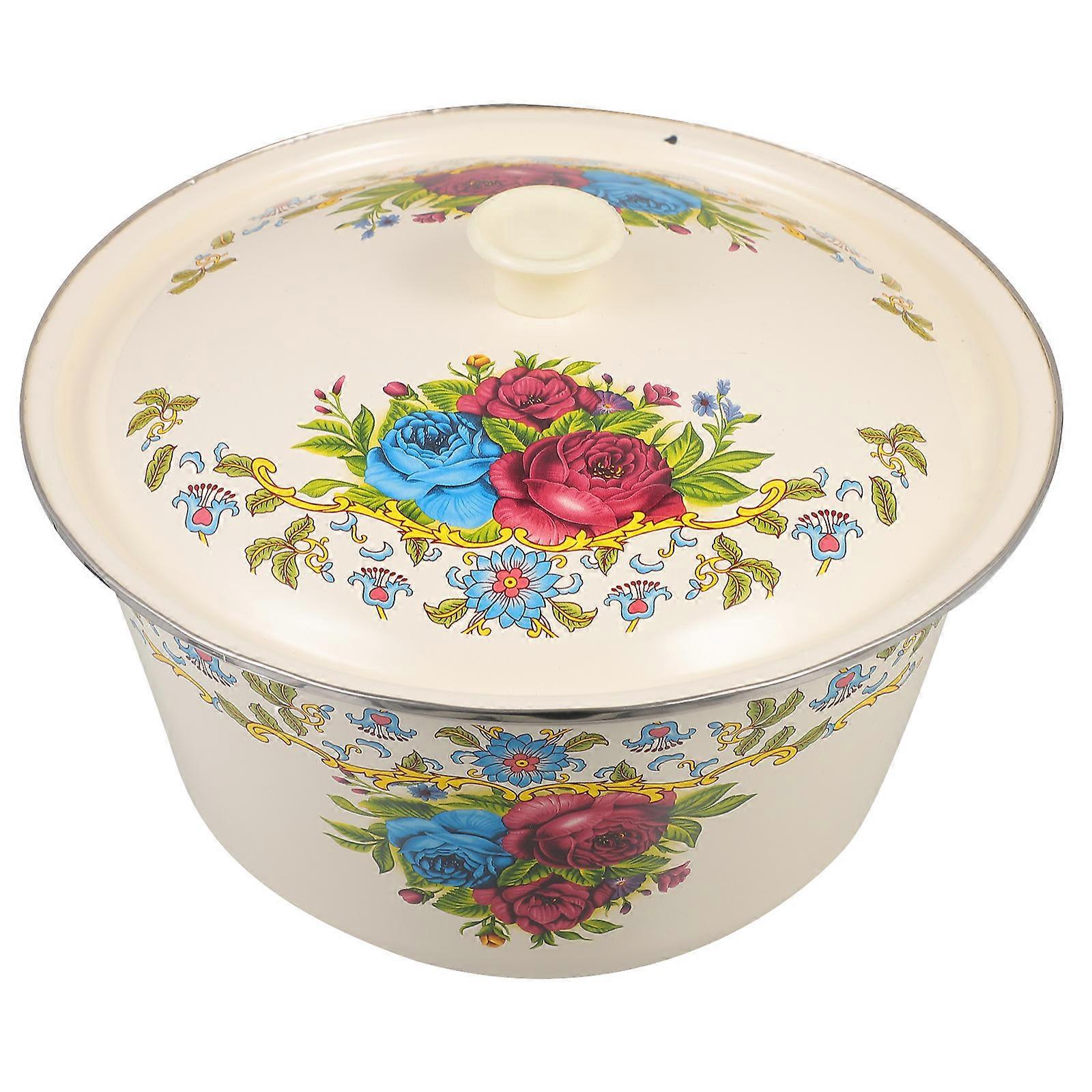 Retro Enamel Basin with Lid – Thickened Multi Purpose Soup Bowl with Flat Bottom for Home, Restaurant, and Hotel Use – Elegant Serving Design