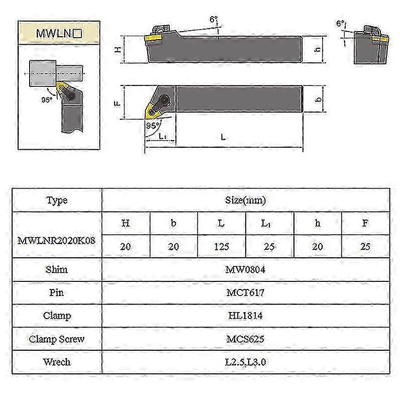 Set Of 20mm Lathe Turning Tool Holder + 10 Carbide Inserts + 1 Wrench