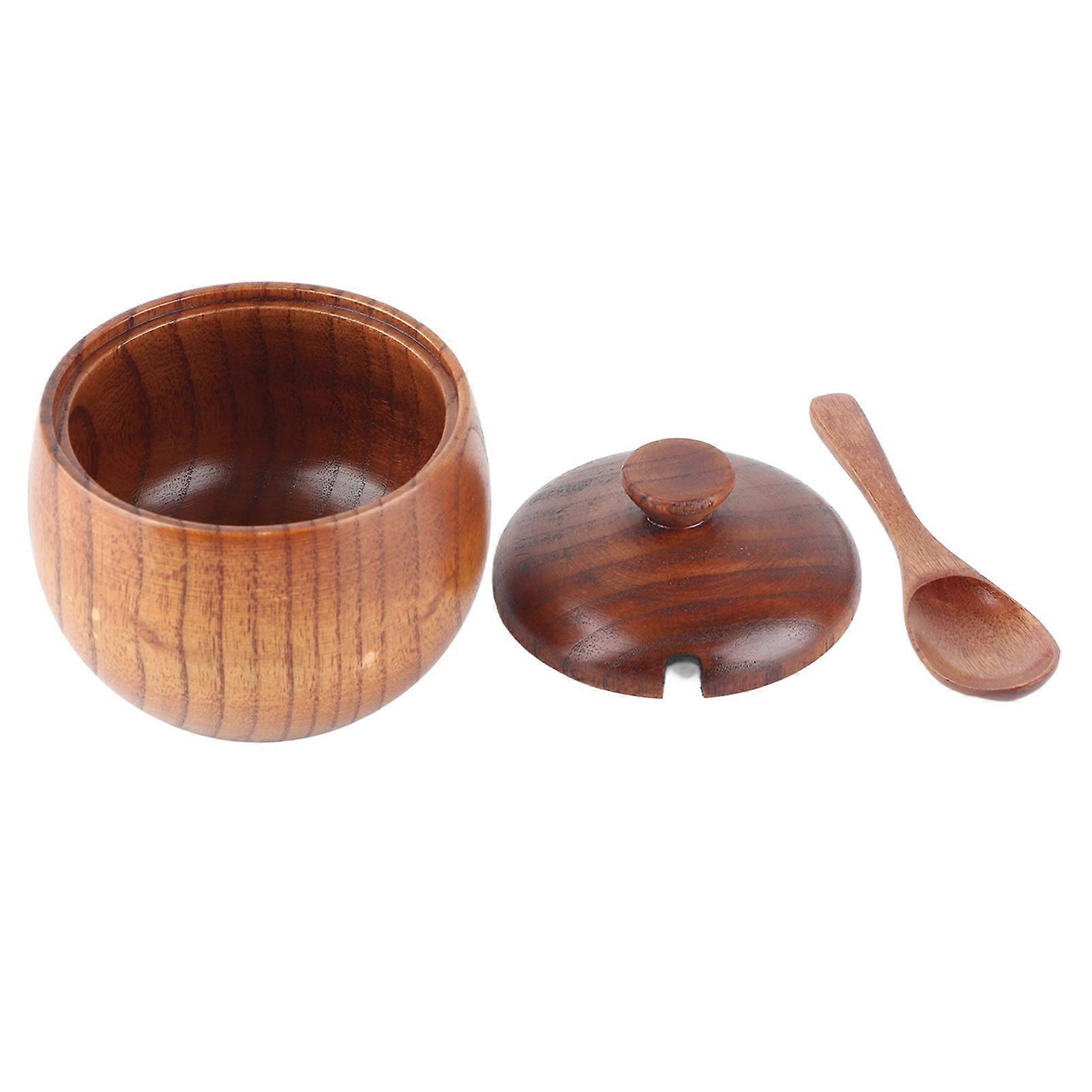 1pc Solid Wood Spice Jar Seasoning Pot Sugar Bowl with Spoon and Lid for Kitchen Utensil