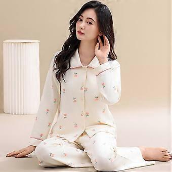 Cute Pajamas Women's Autumn And Winter Combed Cotton Lapel Long-Sleeved Cardigan Cotton Plus Size Simple Casual Homewear Suit