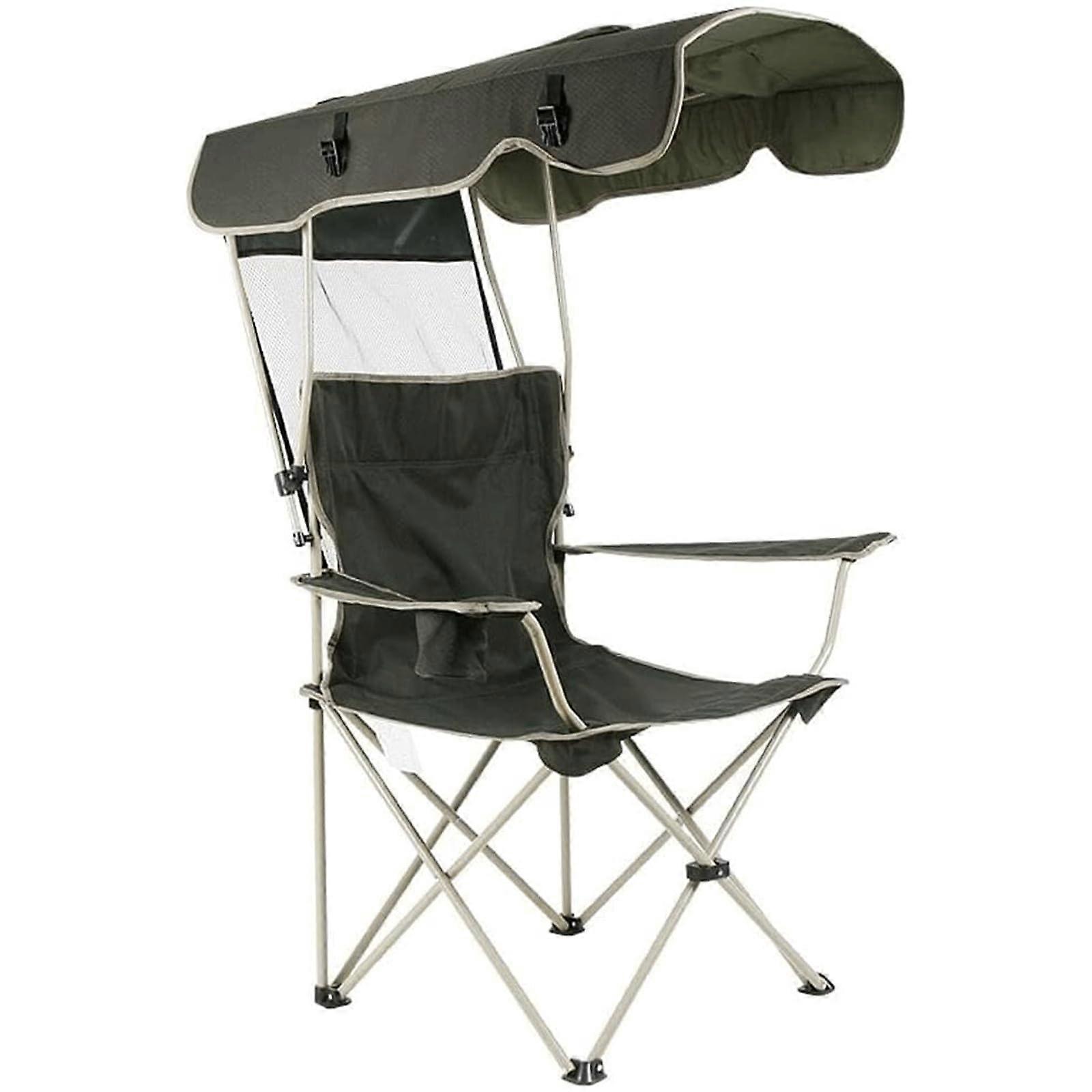 Foldable camping chair made of Oxford fabric, with detachable sunshade, foldable drink holder for the beach, and backrest.