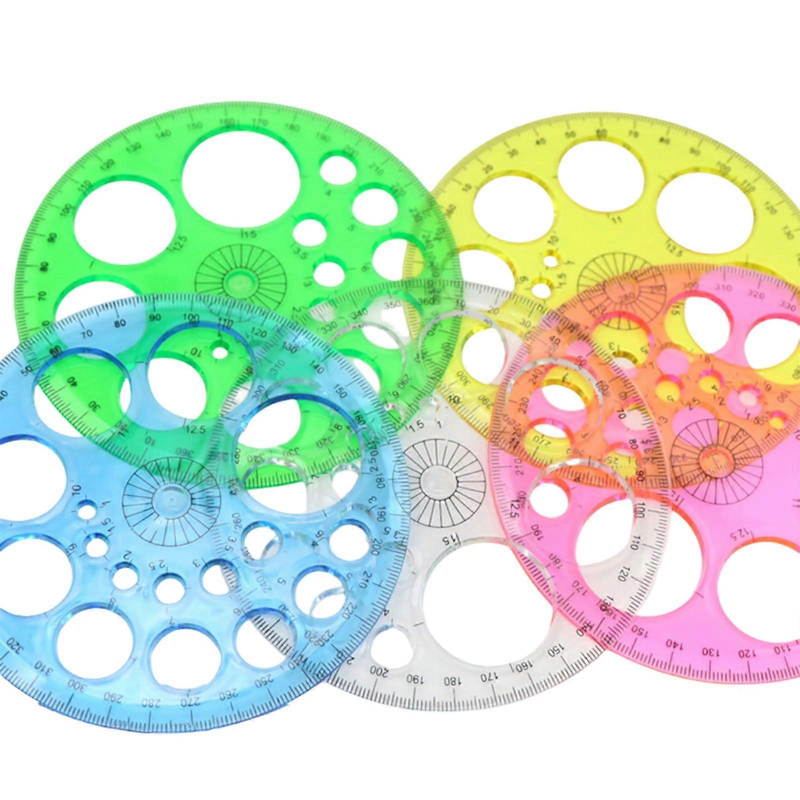 5 pieces of circle templates for drawing circles, stencils, ruler, 360degree protractor, measuring templates